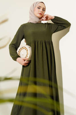 Kol Lastikli Bürümcük Elbise Haki - Tesettür Elbise