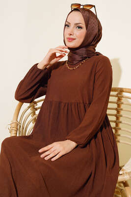 Kol Lastikli Bürümcük Elbise Kahve - Tesettür Elbise