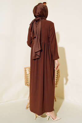 Kol Lastikli Bürümcük Elbise Kahve - Tesettür Elbise