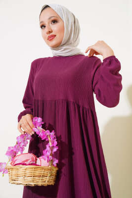 Kol Lastikli Bürümcük Elbise Mürdüm - Yılın Fırsatı