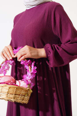 Kol Lastikli Bürümcük Elbise Mürdüm - Yılın Fırsatı