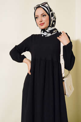 Kol Lastikli Bürümcük Elbise Siyah - Tesettür Elbise