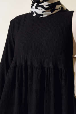 Kol Lastikli Bürümcük Elbise Siyah - Tesettür Elbise