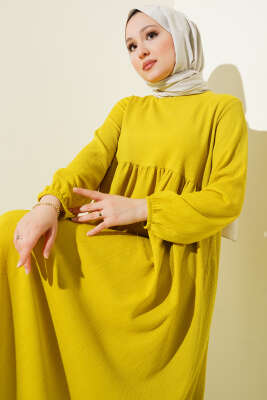 Kol Lastikli Bürümcük Elbise Yağ Yeşili - Tesettür Elbise