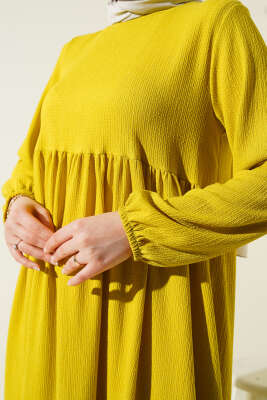 Kol Lastikli Bürümcük Elbise Yağ Yeşili - Tesettür Elbise