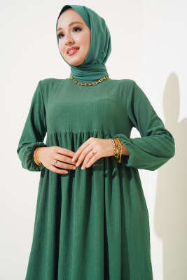 Kol Lastikli Bürümcük Elbise Yeşil - Tesettür Elbise