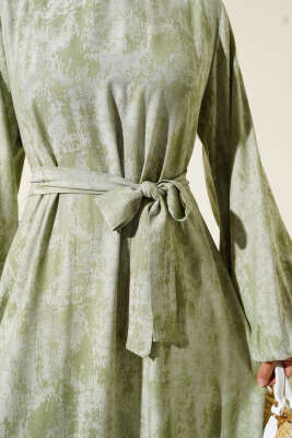 Kol Lastikli Desen Elbise Çağla Yeşili - Tesettür Elbise