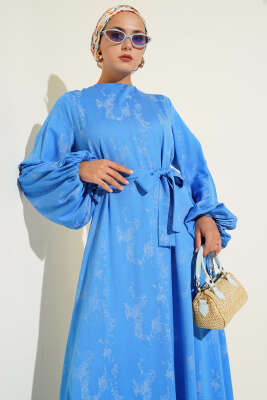 Kol Lastikli Desen Elbise Mavi - Tesettür Elbise
