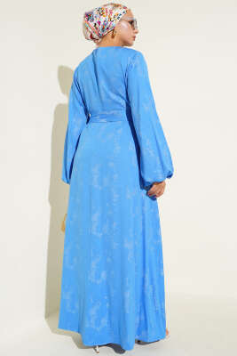 Kol Lastikli Desen Elbise Mavi - Tesettür Elbise