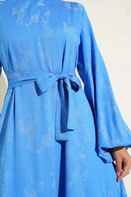 Kol Lastikli Desen Elbise Mavi - Tesettür Elbise