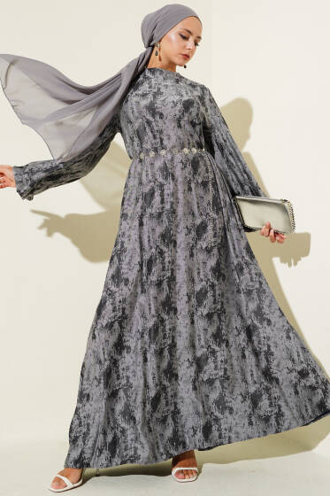 Kol Lastikli Desen Elbise Siyah - Elbise