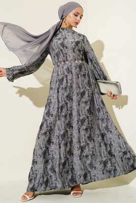 Kol Lastikli Desen Elbise Siyah 