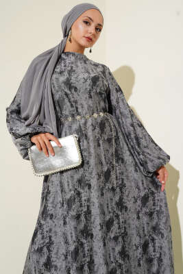 Kol Lastikli Desen Elbise Siyah - Tesettür Elbise