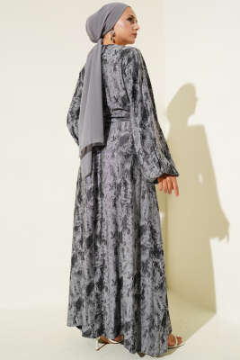 Kol Lastikli Desen Elbise Siyah - Tesettür Elbise