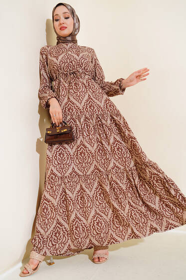 Kol Lastikli Desenli Elbise Latte - Elbise