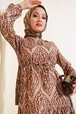 Kol Lastikli Desenli Elbise Latte - Tesettür Elbise