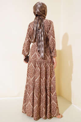 Kol Lastikli Desenli Elbise Latte - Tesettür Elbise