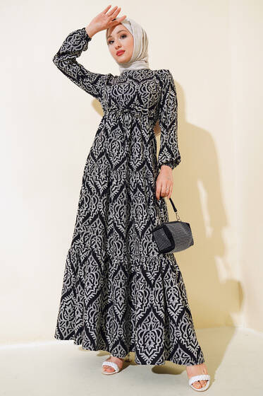 Kol Lastikli Desenli Elbise Siyah - Elbise