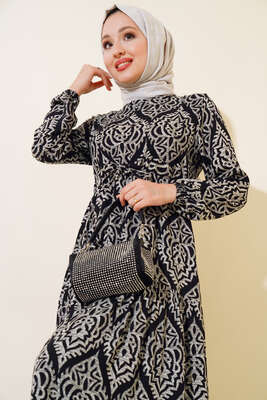 Kol Lastikli Desenli Elbise Siyah - Tesettür Elbise