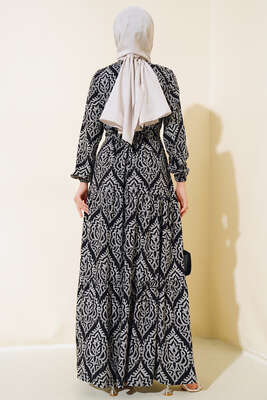 Kol Lastikli Desenli Elbise Siyah - Tesettür Elbise