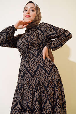 Kol Lastikli Desenli Elbise Vizon - Tesettür Elbise