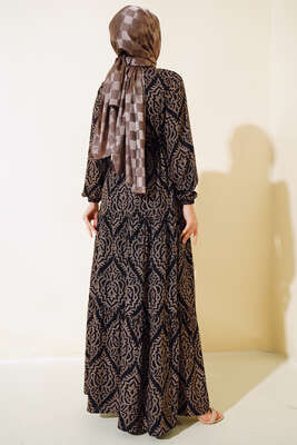 Kol Lastikli Desenli Elbise Vizon - Tesettür Elbise