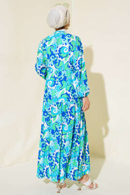 Kol Lastikli Desenli Elbise Yeşil - Thumbnail