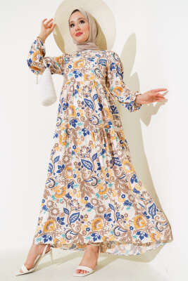 Kol Lastikli Desenli Kat Elbise Bej - Elbise