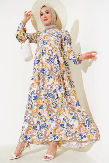 Kol Lastikli Desenli Kat Elbise Bej - Elbise