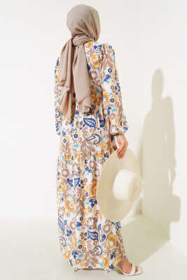 Kol Lastikli Desenli Kat Elbise Bej - Elbise