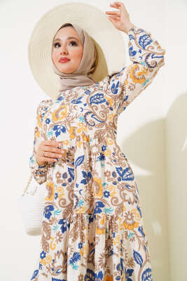 Kol Lastikli Desenli Kat Elbise Bej - Elbise