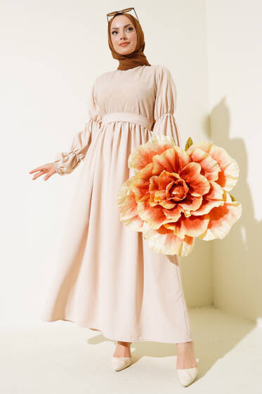 Kol Lastikli Elbise Bej - Elbise