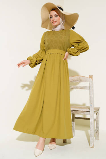 Kol Lastikli Elbise Yağ Yeşili - Elbise