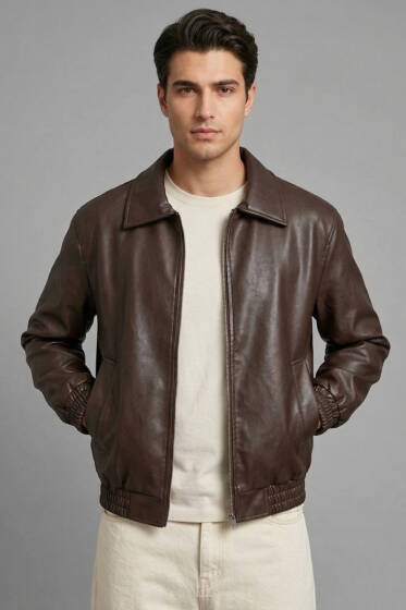 Kol Lastikli Erkek Deri Mont Kahve - Erkek Mont