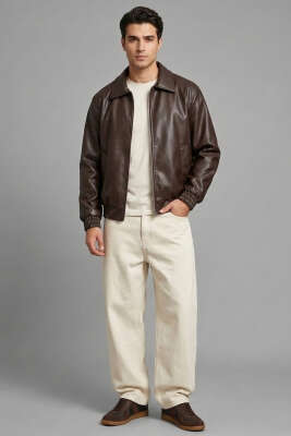 Kol Lastikli Erkek Deri Mont Kahve - Erkek Mont