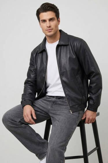 Kol Lastikli Erkek Deri Mont Siyah - Erkek Mont