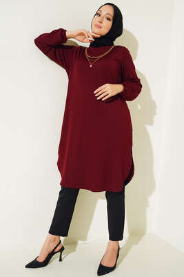 Kol Lastikli Kolyeli Tunik Bordo - Tunik