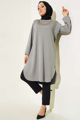 Kol Lastikli Kolyeli Tunik Gri 