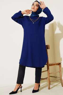 Kol Lastikli Kolyeli Tunik İndigo - Tunik