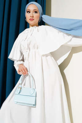 Kol Lastikli Pelerinli Elbise Beyaz - Tesettür Elbise