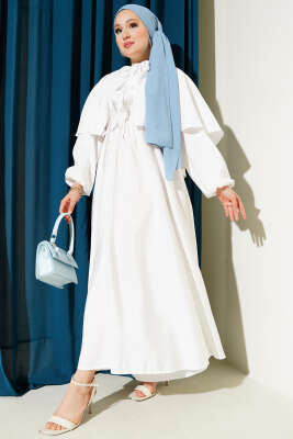Kol Lastikli Pelerinli Elbise Beyaz 