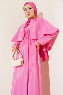 Kol Lastikli Pelerinli Elbise Pembe - Tesettür Elbise