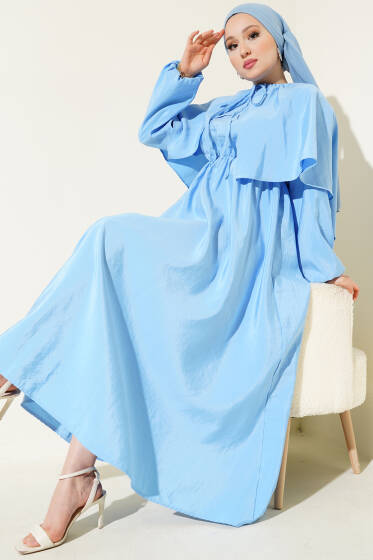 Kol Lastikli Pelerinli Elbise Bebe Mavi - Elbise