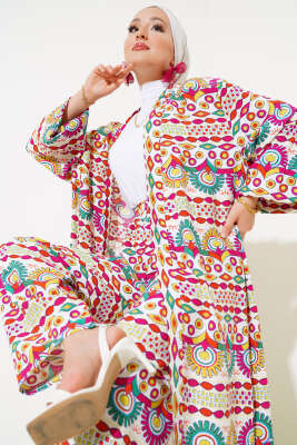 Kol Lastikli Salaş Kimono Takım Gökkuşağı - İkili Takım