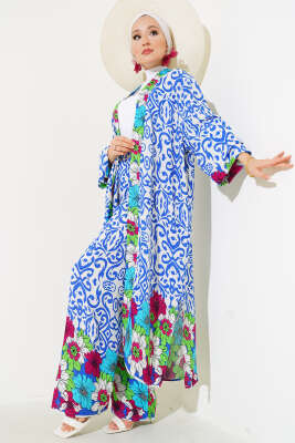 Kol Lastikli Salaş Kimono Takım Saks 