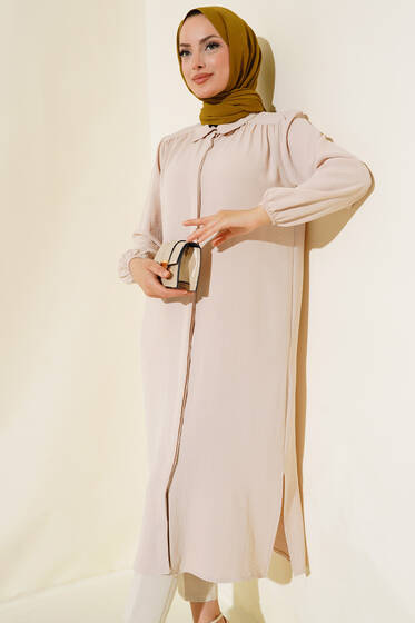 Kol Lastikli Uzun Tunik Bej - Tunik