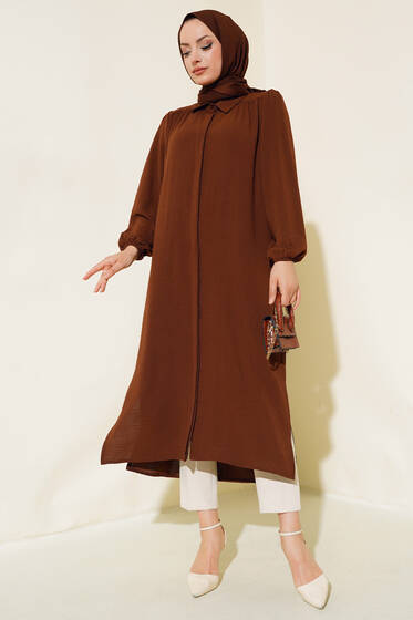 Kol Lastikli Uzun Tunik Kahve - Tunik