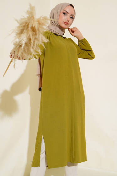 Kol Lastikli Uzun Tunik Yağ Yeşili - Tunik