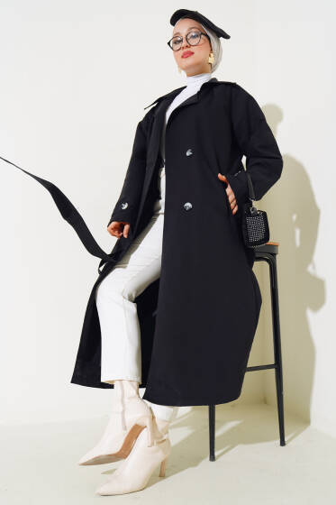Kol Manşeti Apoletli Trençkot Siyah - Trençkot