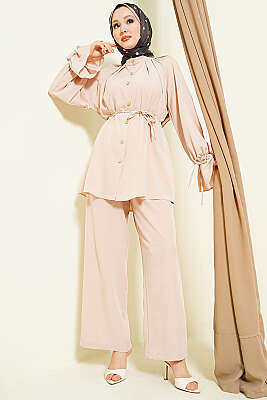 Kol Manşeti Gül Detaylı İkili Takım Bej - BERAT TEKSTİL